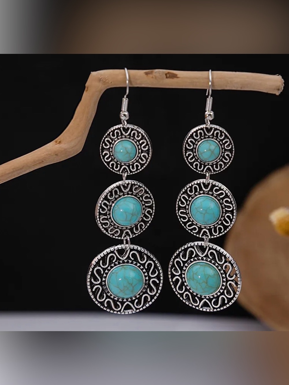 Turquoise Stone Triple-Drop Silver Earrings - Women Jewelry